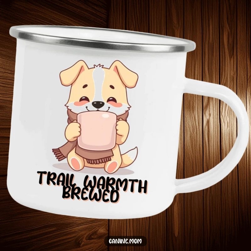 Funny camping mug showing a dog with a scarf, happily sipping from a giant mug, ideal for outdoor enthusiasts who enjoy warmth and humor.