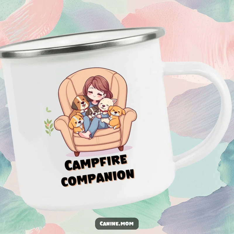 Funny Camping Mug: Woman in a cozy armchair, deeply cuddled by multiple loving dogs, perfect for relaxation.