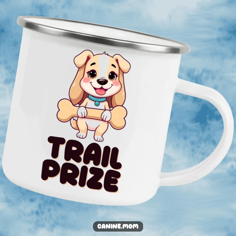 Funny dog lady camping mug with a cheerful woman holding a comically giant dog bone. Ideal for outdoor enthusiasts and coffee lovers.