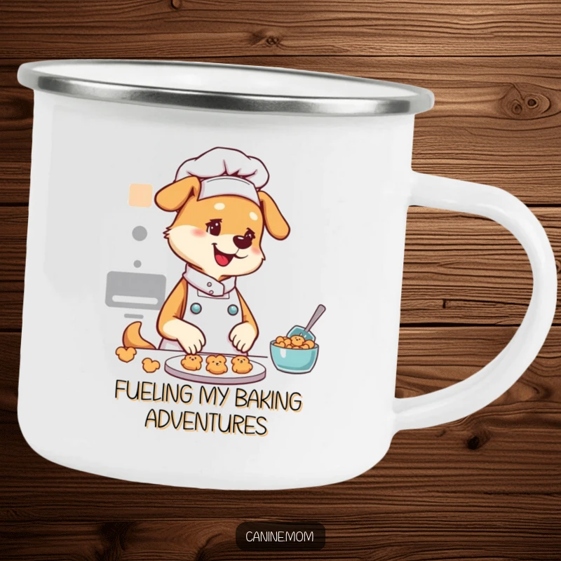 Funny camping mug featuring a dog lady chef, happily baking small dog cookies, ready for a cozy outdoor breakfast.