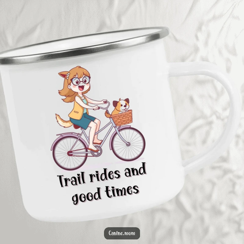 Funny camping mug featuring a dog lady cycling with a basket full of cheerful dogs, ready for a wilderness adventure.