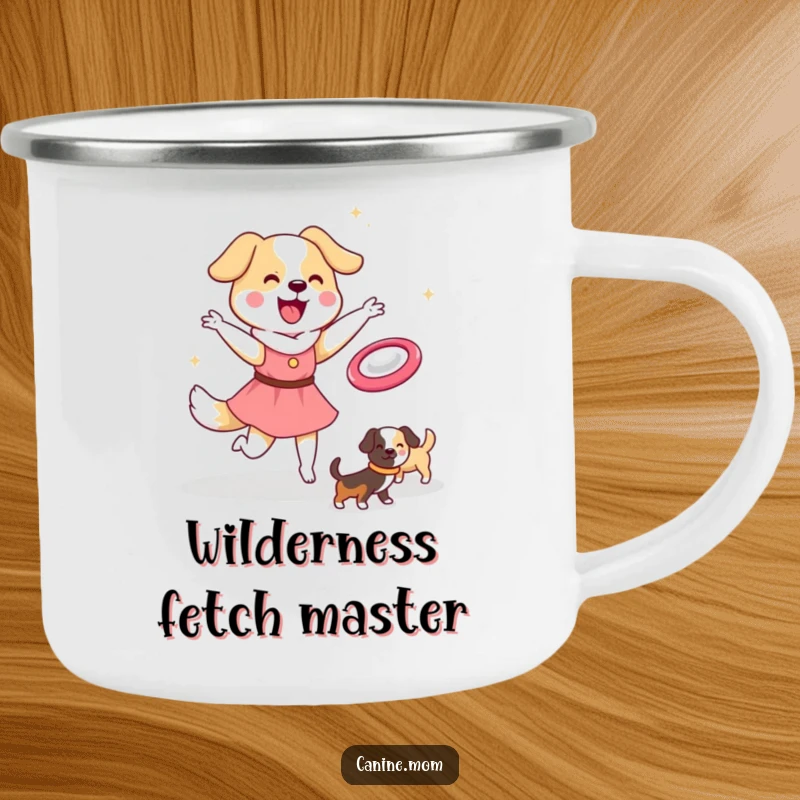 Funny Dog Lady Camping Mug: Kawaii character joyfully throws a frisbee, inspiring outdoor fun. Great funny gift for campers.
