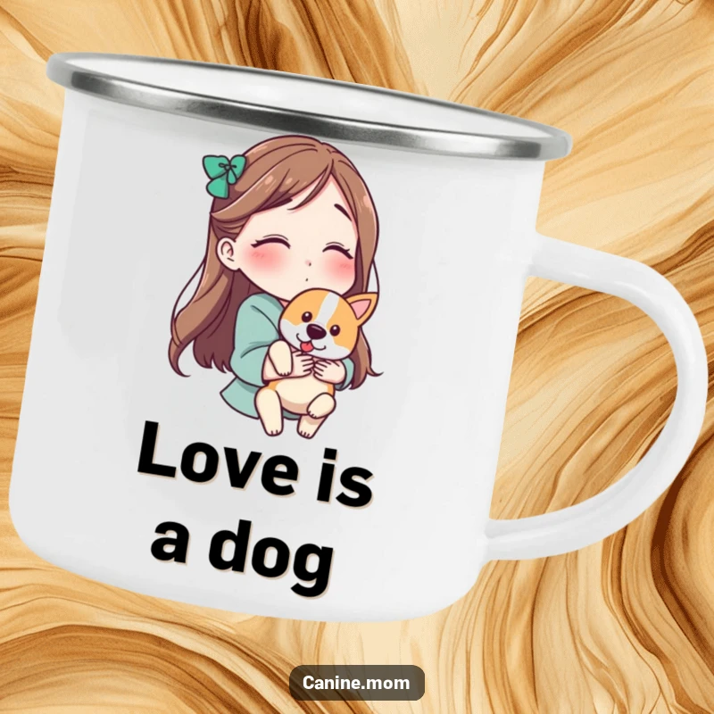 Funny camping mug with a woman holding a dog and blowing a kiss, perfect for outdoor humor and dog lovers.