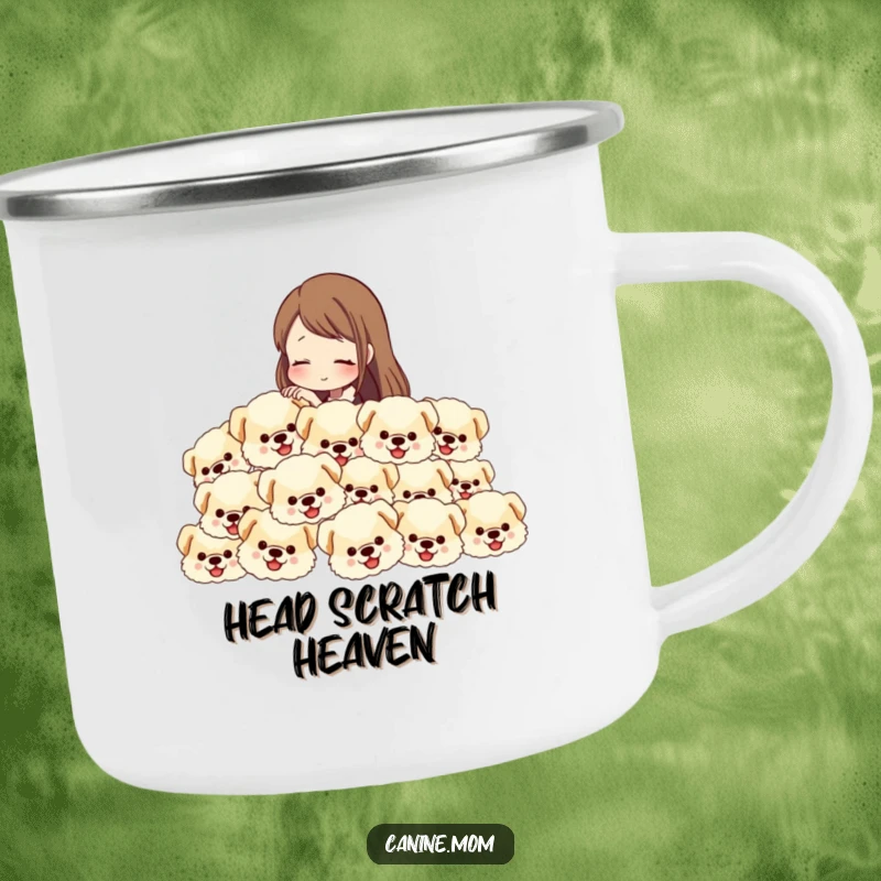 Funny camping mug with a woman petting a stream of fluffy dog heads, perfect for outdoor humor and dog lovers.