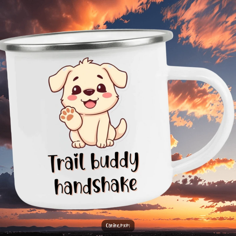 Funny dog camping mug with a dog offering its paw, symbolizing friendship and warmth for outdoor adventures.