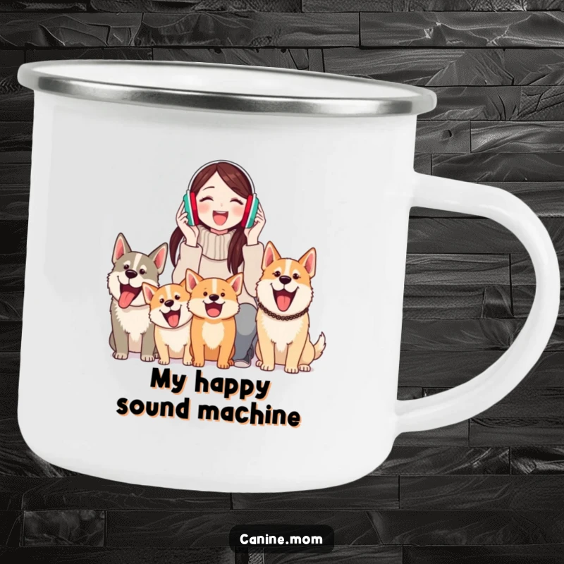 Funny camping mug featuring a woman in earmuffs, embracing the sound of barking dogs, ideal for outdoor humor.