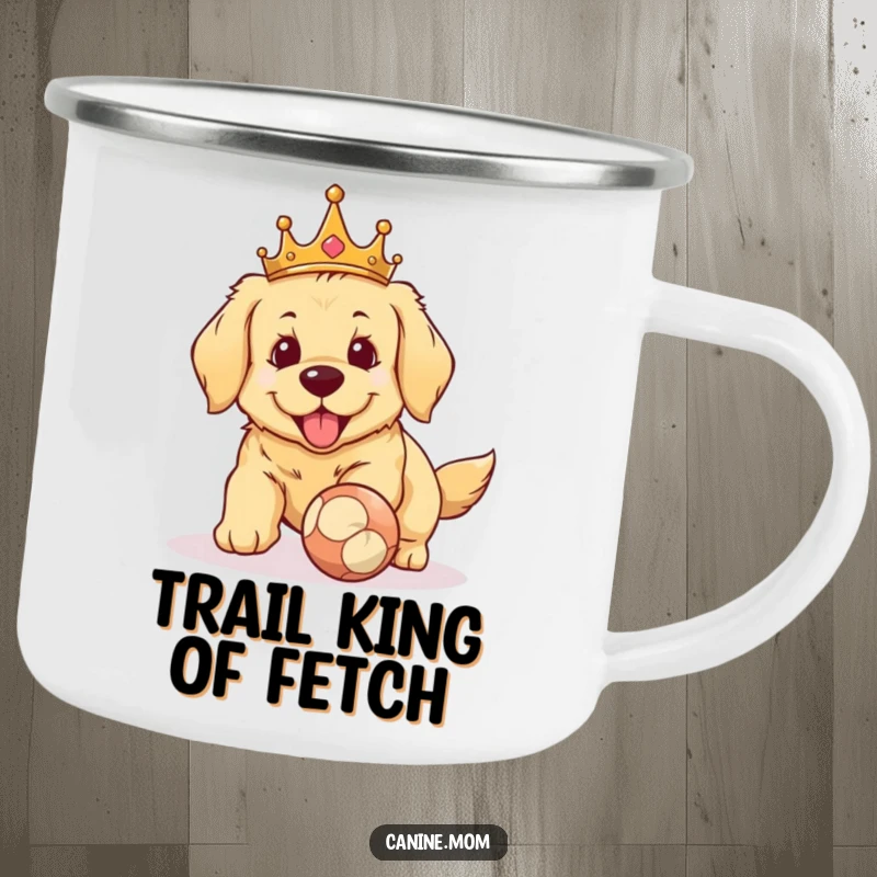 Funny Golden Retriever crown camping mug. A majestic dog wearing a crown, ready to fetch, perfect for outdoor adventures and campfire stories.