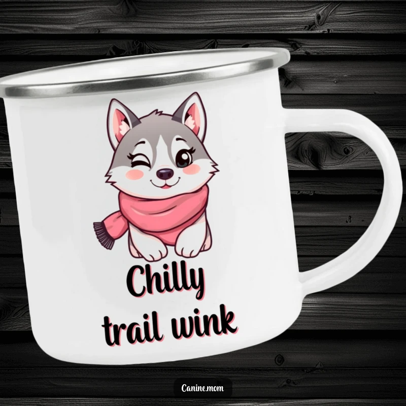 Funny camping mug with a husky wearing a scarf and giving a playful wink, perfect for outdoor enjoyment and humorous style. A cool and durable companion.