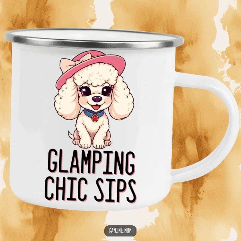 Funny poodle hat camping mug. A stylish poodle wearing a fancy hat smiles coyly, ideal for enjoying beverages during outdoor adventures with flair.