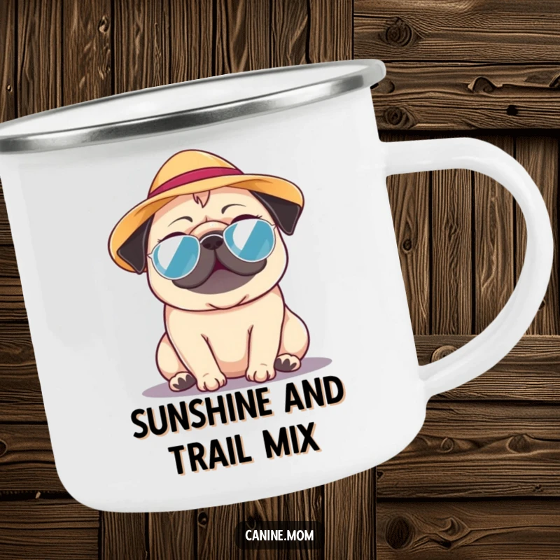 Funny Pug Camping Mug: A pug wearing a tiny sun hat, enjoying a warm day, perfect for outdoor adventures. A fun funny gift.