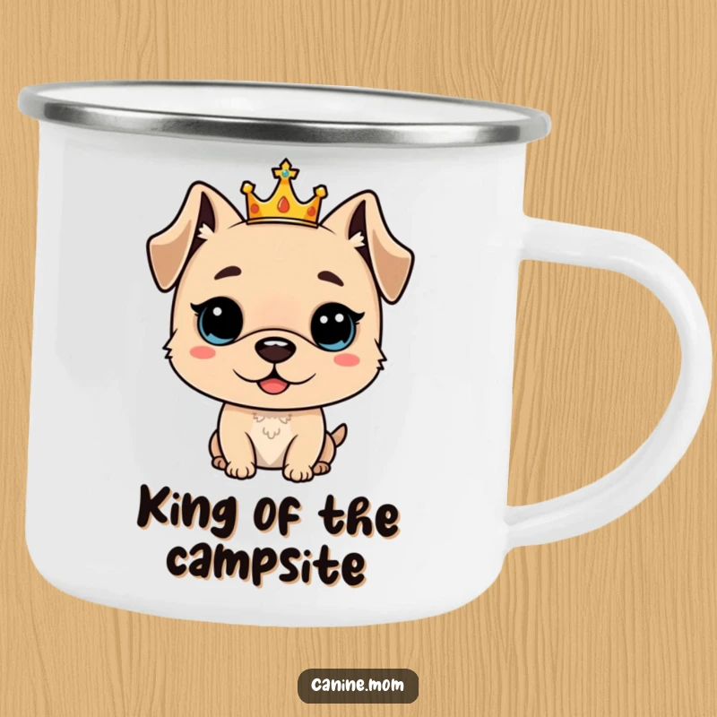 Funny camping mug with a proud dog wearing a small crown, ready for outdoor regal adventures, a perfect funny gift.