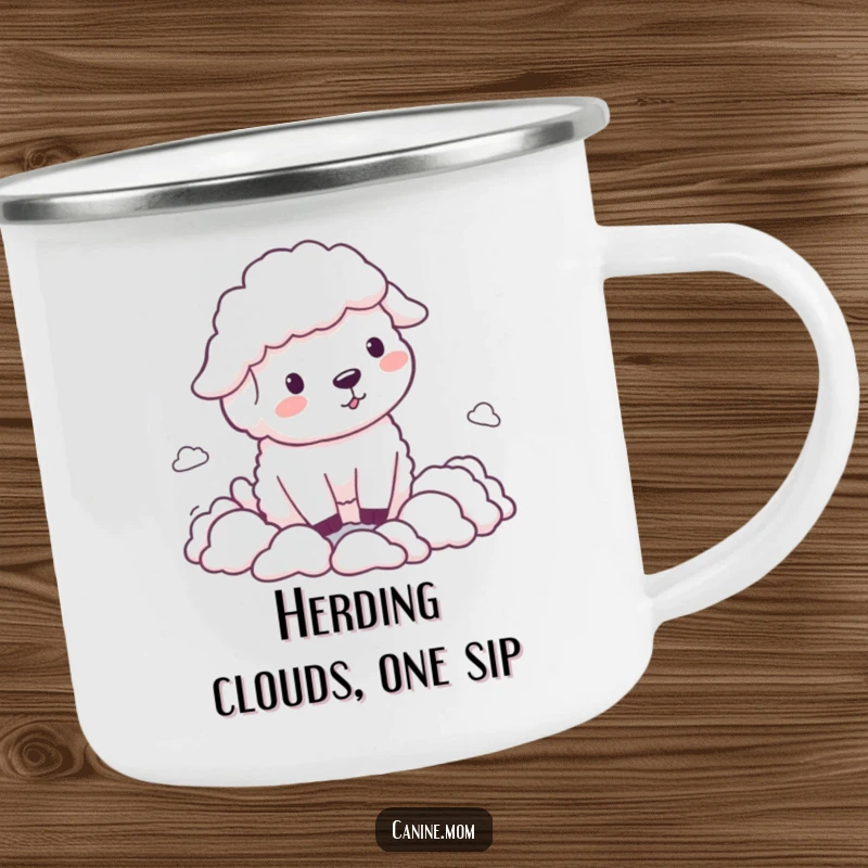 Funny Sheepdog Camping Mug, joyfully herding miniature cloud shapes in an adventurous outdoor setting, a durable and humorous companion.