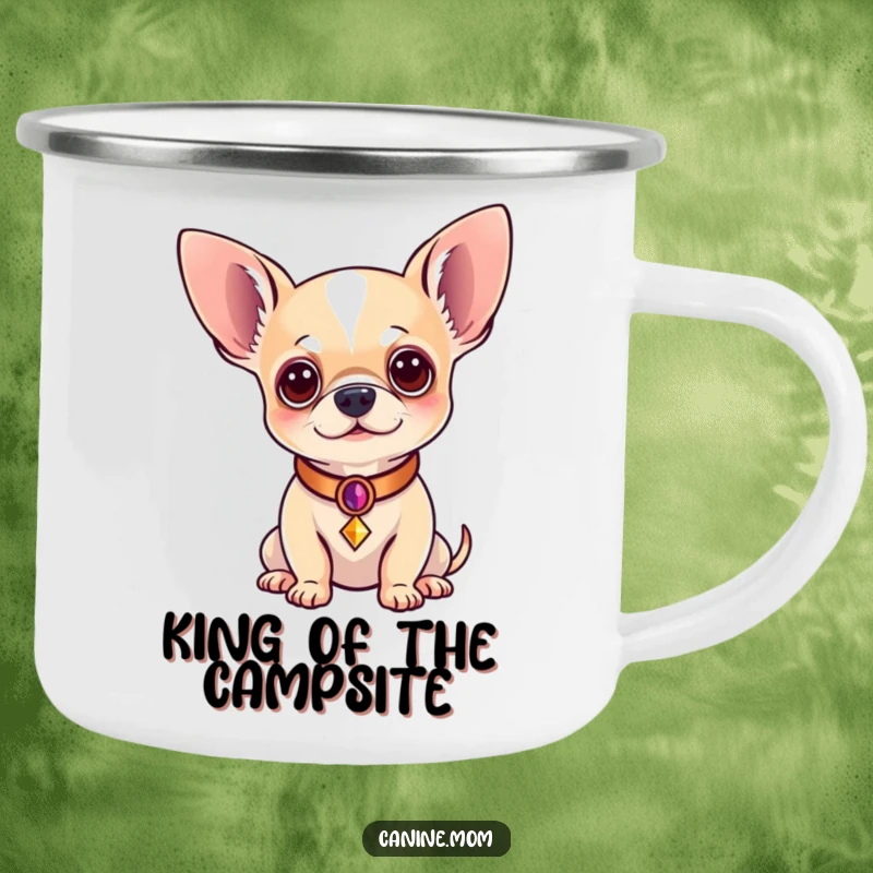 Funny Chihuahua Camping Mug: A chihuahua royalty, decked out in a decorative collar, ready for the great outdoors. A funny gift for campers.