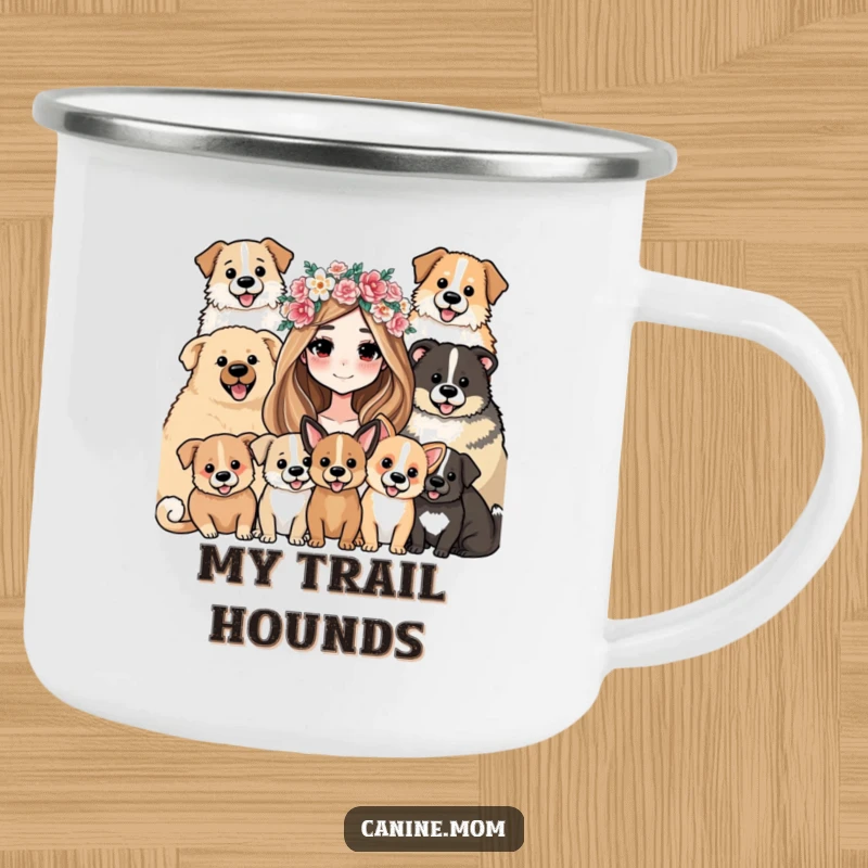 Funny Camping Mug: Woman in a flower crown, embraced by a happy crowd of dogs, ready for outdoor fun.