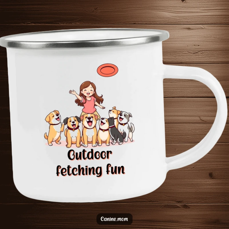 Funny Camping Mug: Woman throwing a frisbee, with excited dogs ready to catch, perfect for outdoor fun.
