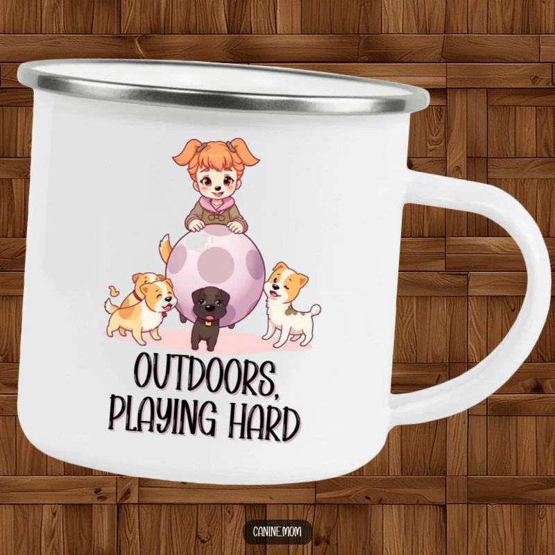 Funny camping mug with a dog lady holding a huge ball, ready for fetch with a pack of excited dogs nearby.
