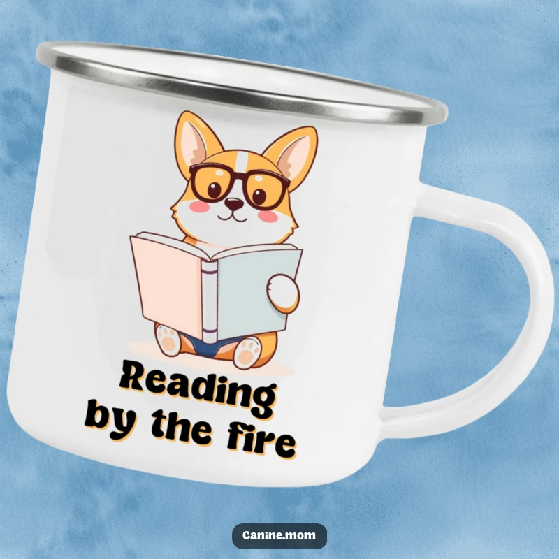 Funny Corgi Camping Mug, spectacles on, reading a book by the campfire, combining ruggedness with intellectual humor.
