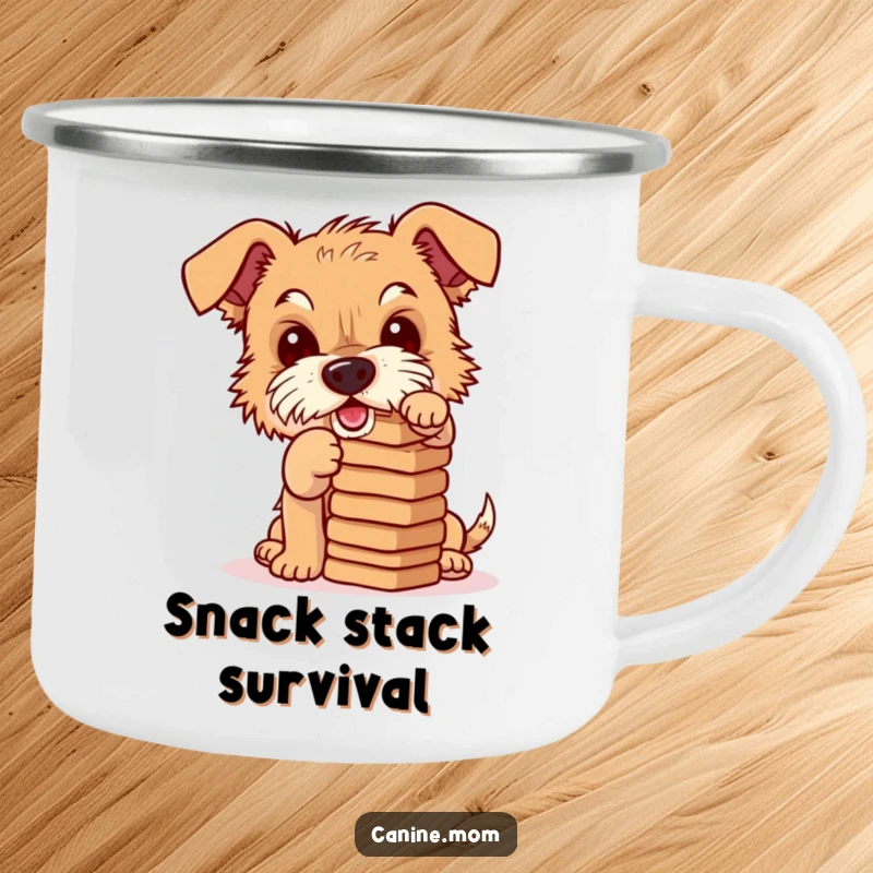 Funny camping mug with a mischievous terrier balancing a stack of dog biscuits, perfect for coffee breaks during outdoor activities.