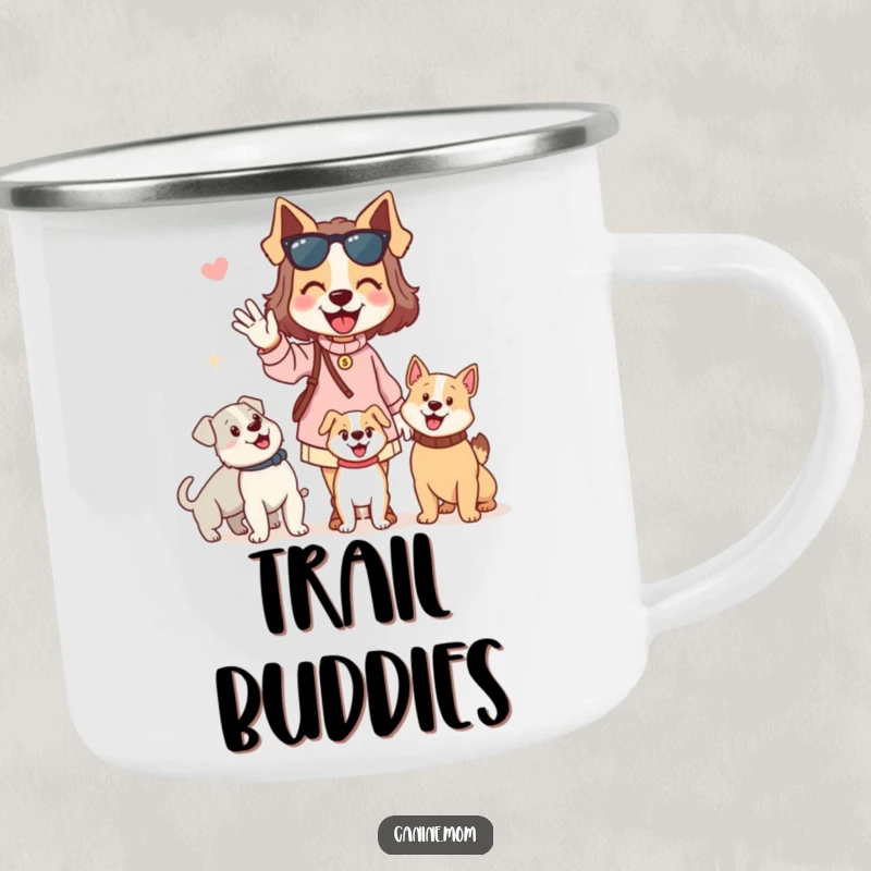 Funny dog lady camping mug with a woman enthusiastically waving hello to passing dogs. Ideal for outdoor enthusiasts and coffee lovers.