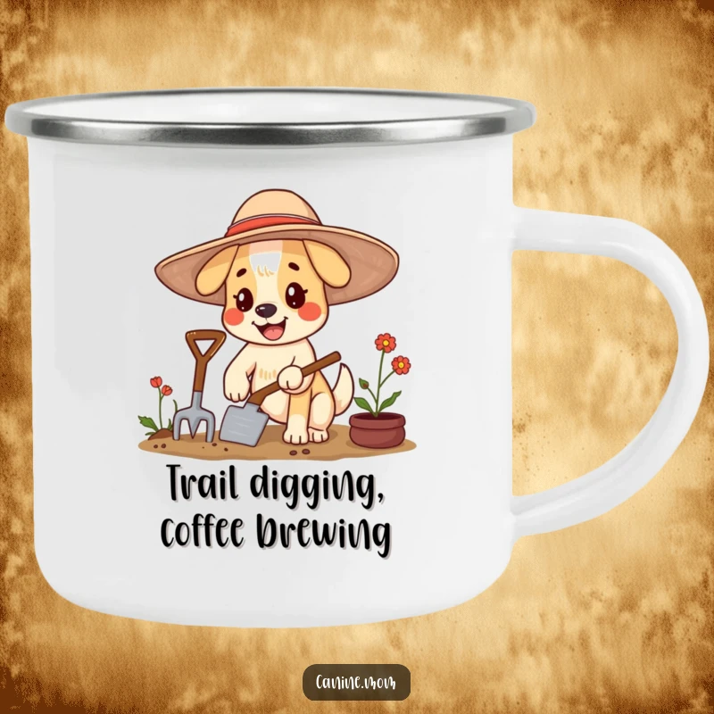 Funny dog camping mug with a happy character in a floppy hat, gardening with a trowel, for outdoor drinks.