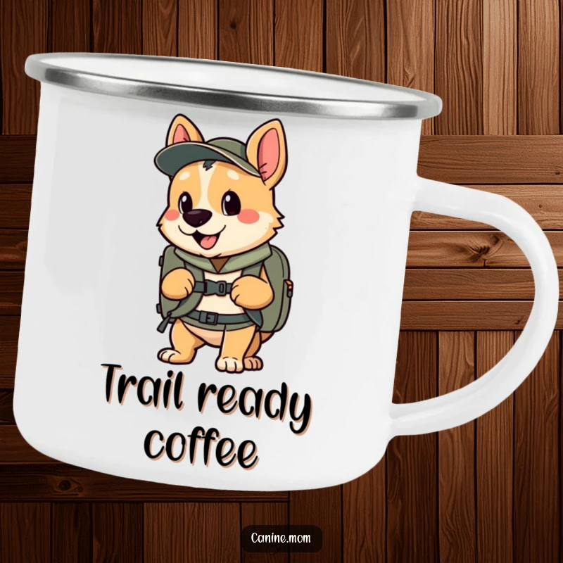 Funny camping mug with an enthusiastic dog wearing a backpack, ready for the trail, a funny gift.
