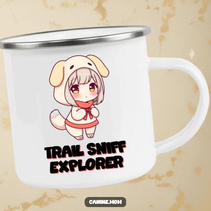 Funny Camping Mug: Woman in a dog costume, joyfully wagging a tail, ready for outdoor adventures.