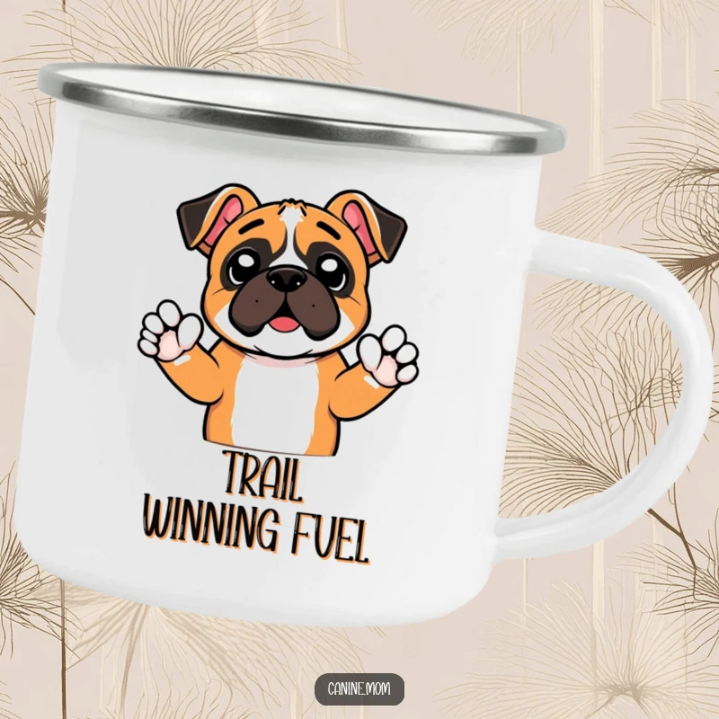 Funny camping mug with an excited boxer dog raising tiny paws in a cheer, perfect for outdoor enjoyment and energetic humor. A spirited and durable companion.