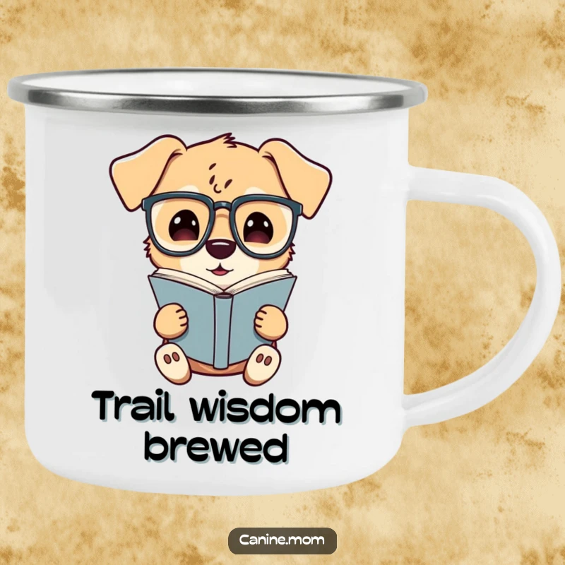 Funny camping mug featuring a curious dog with glasses, reading a book, ideal for outdoor enthusiasts who enjoy literature and humor.