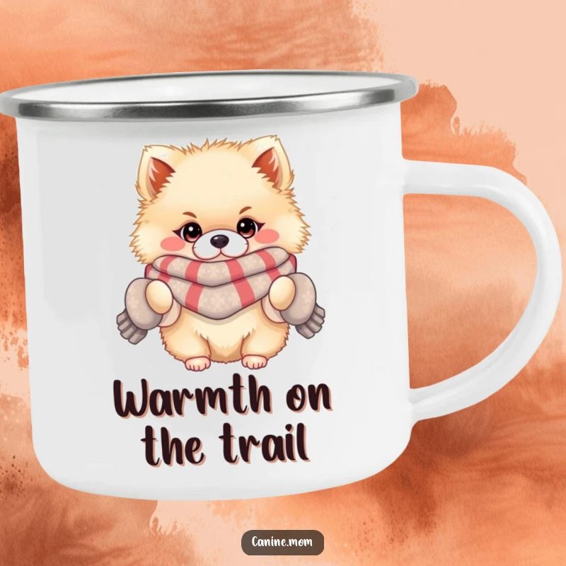 Funny camping mug featuring a fluffy Pomeranian in a scarf and mittens, ready for cozy outdoor moments and warm beverages.