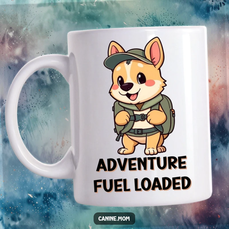 Funny mug with an enthusiastic dog wearing a backpack, ready for an adventure, perfect for travel lovers, a funny gift.