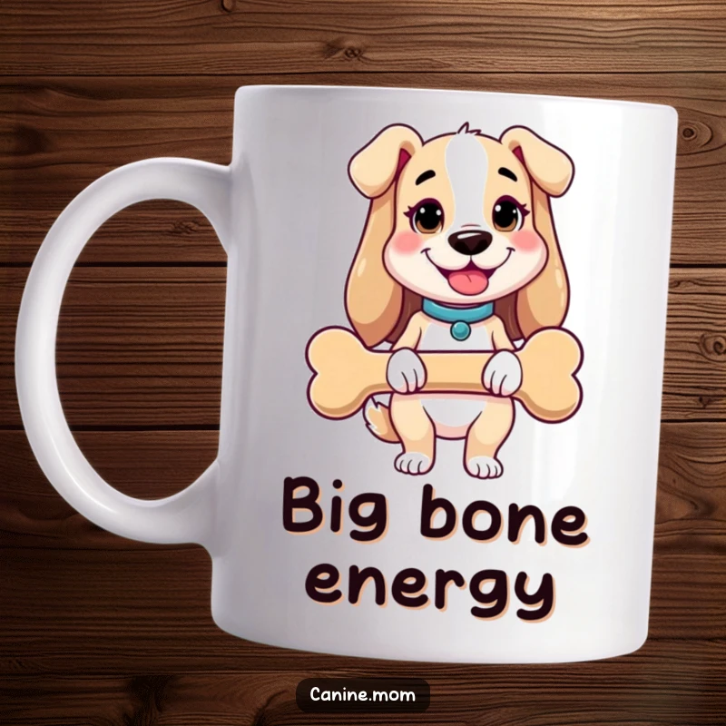 Funny dog lady mug showing a cheerful woman holding a comically giant dog bone. Captures a humorous and loving portrait of a devoted dog owner.