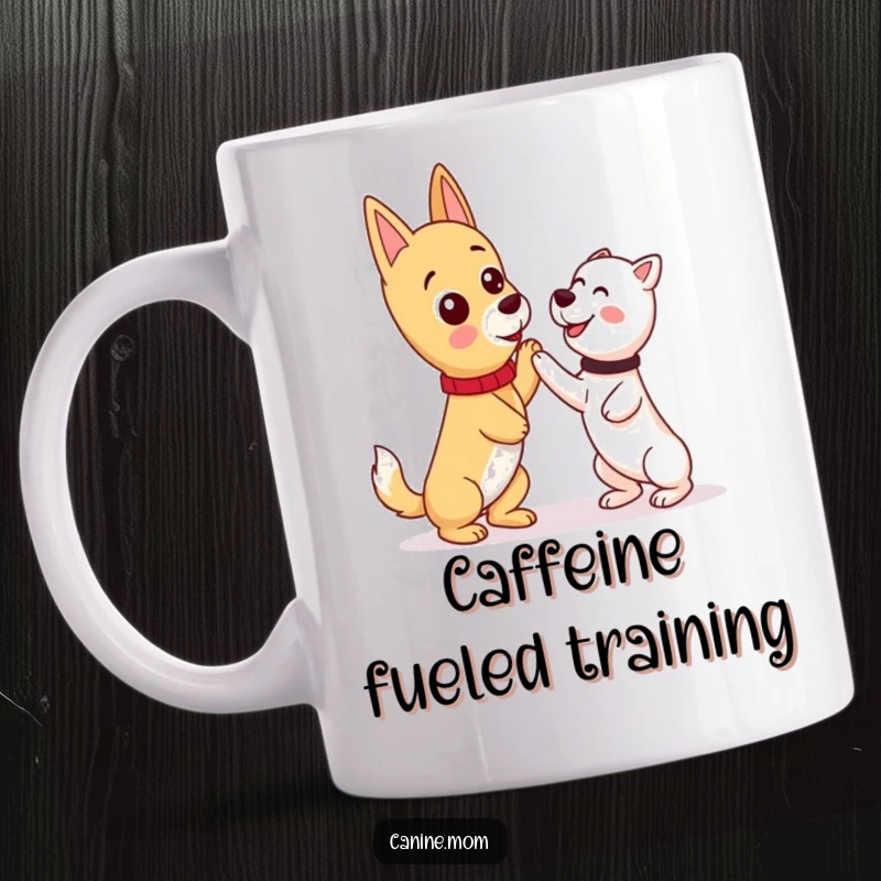 Funny kawaii dog lady character actively teaching a dog a trick, with the dog looking eager, on a humorous mug.
