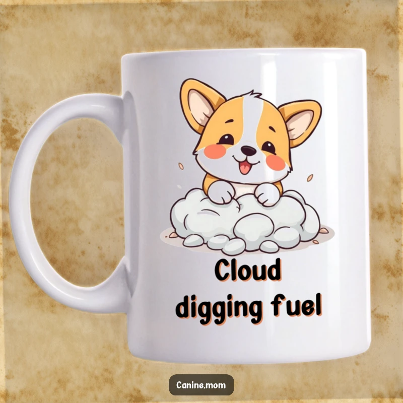 Funny Corgi Mug: A playful corgi is humorously attempting to dig a hole straight through a fluffy cloud, pure fantasy.