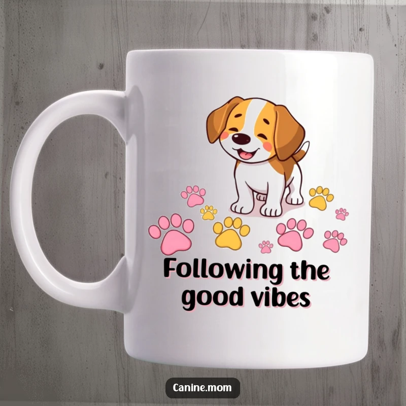 Funny Beagle mug with a smiling dog happily sniffing a trail of giant, colorful paw prints, embodying adventure and curiosity.