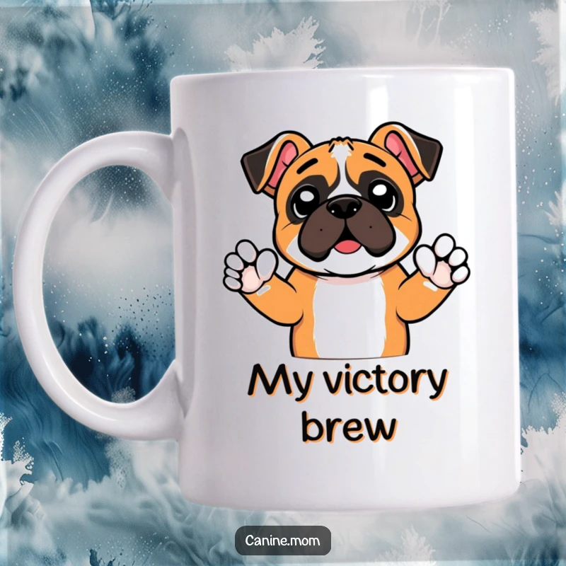 Funny mug with an excited boxer dog raising tiny paws in a joyful cheer. A humorous and energetic design for celebrating victories.