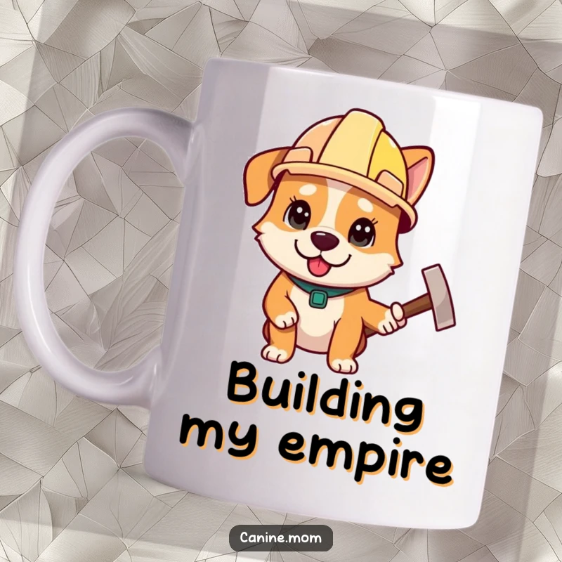 Funny mug of a determined dog wearing a construction helmet and holding a hammer, ready to build, a funny gift.