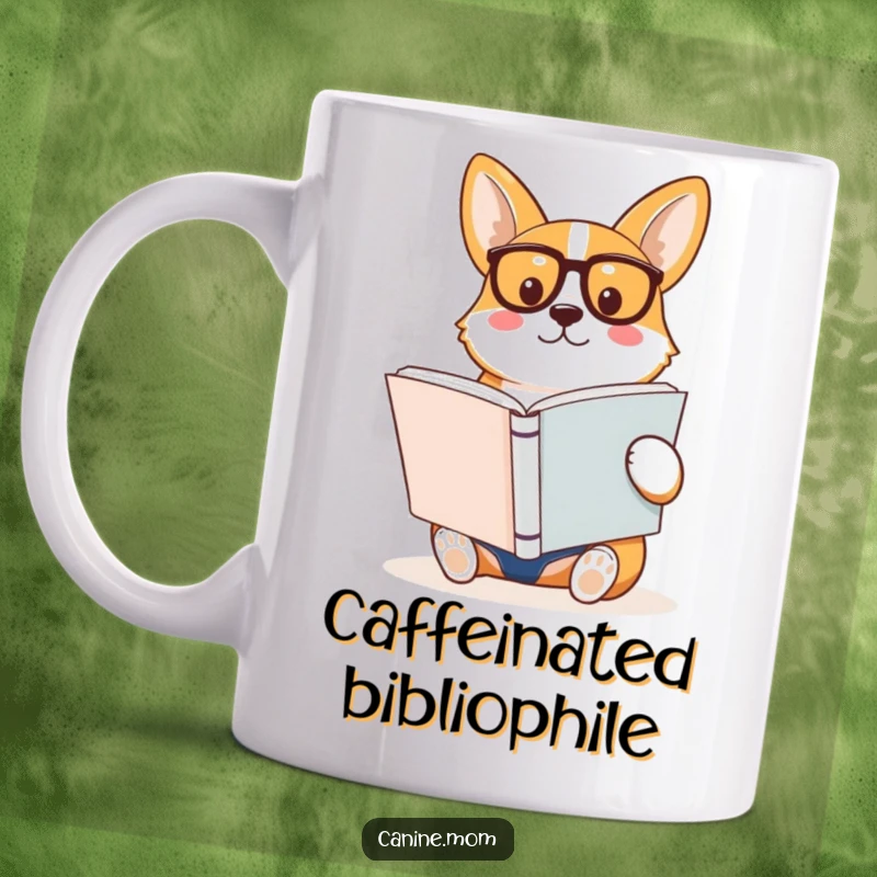 Funny Corgi Mug, wearing spectacles, engrossed in reading a large book, portraying a wise and scholarly canine.