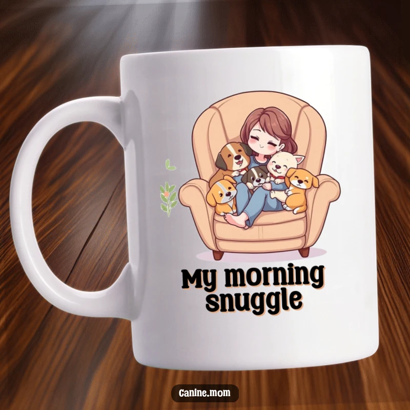 Funny Mug: Woman in a comfy armchair, snuggled affectionately with several happy dogs, radiating warmth and contentment.