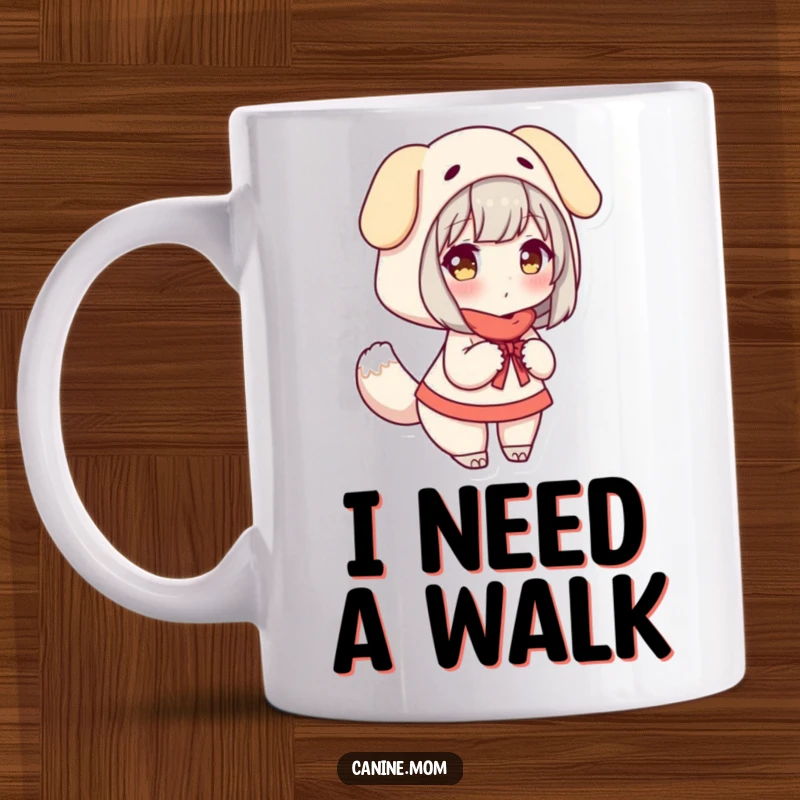 Funny Mug: Woman wearing a dog costume, smiling and happily wagging a tail, embodying playful canine spirit.