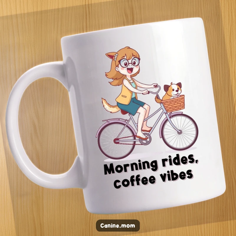 Funny mug showing an ecstatic dog lady confidently riding a bicycle, with happy dogs peeking happily from a front basket.