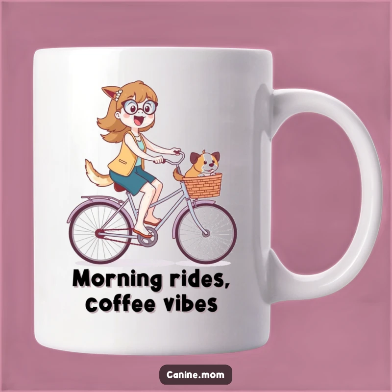 Funny Dog Lady Cyclist Mug: Joyful Pup Rider with Dogs in Basket Gift