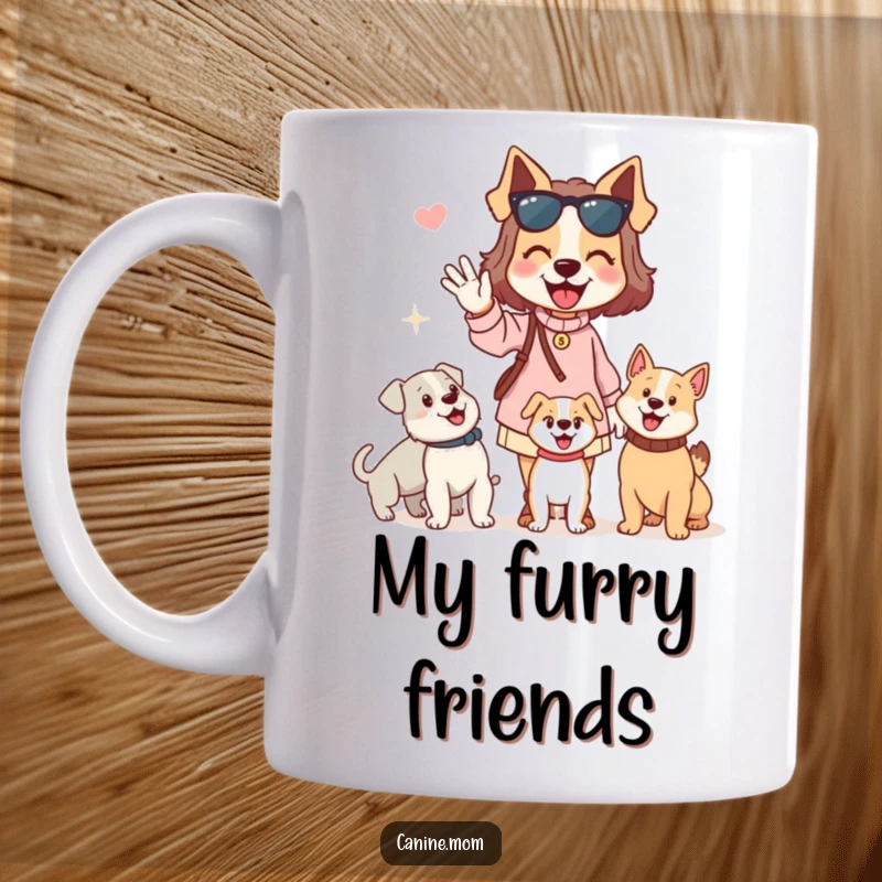 Funny dog lady mug showing a woman enthusiastically waving hello to passing dogs. Captures a friendly and humorous interaction between humans and canines.