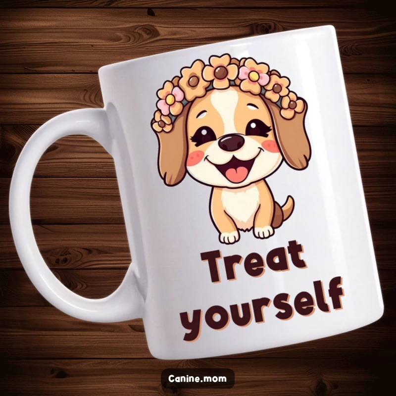 Funny dog lady mug showing a joyful woman wearing a flower crown made of dog biscuits. Captures a humorous and loving portrait of a dog enthusiast.