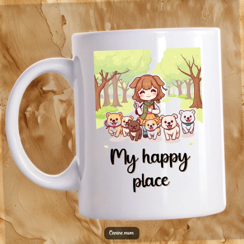 Funny Dog Lady Park Mug: Kawaii character in a park with multiple happy dogs running freely. Perfect funny gift for dog lovers.