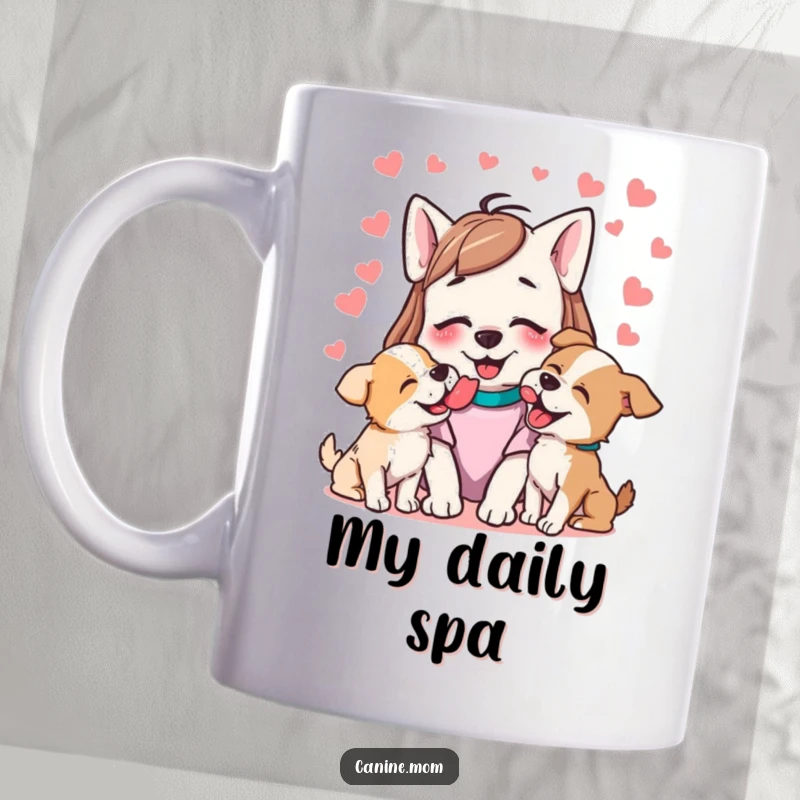 Funny mug showing a joyful dog lady receiving an enthusiastic, wet greeting from multiple happy dogs.
