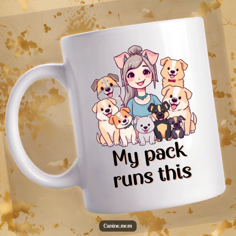 Funny mug with a joyful dog lady smiling, surrounded by a diverse group of happy dogs, big and small, showcasing a loving bond.
