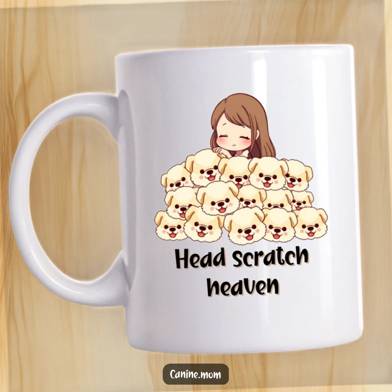 Funny mug showing a woman joyfully petting a continuous cascade of various fluffy dog heads, a dog lover's paradise.