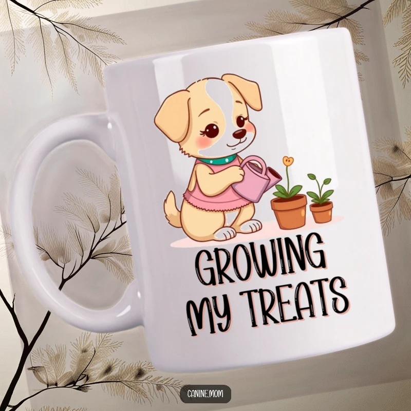 Funny mug featuring a dog lady watering a potted plant that grows dog treats with a minuscule watering can.