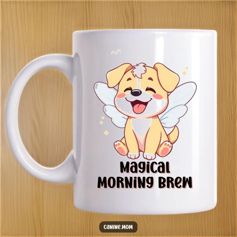 Funny mug depicting a giggling dog with delicate fairy wings, fluttering with delight, embodying magical, funny gift vibes.