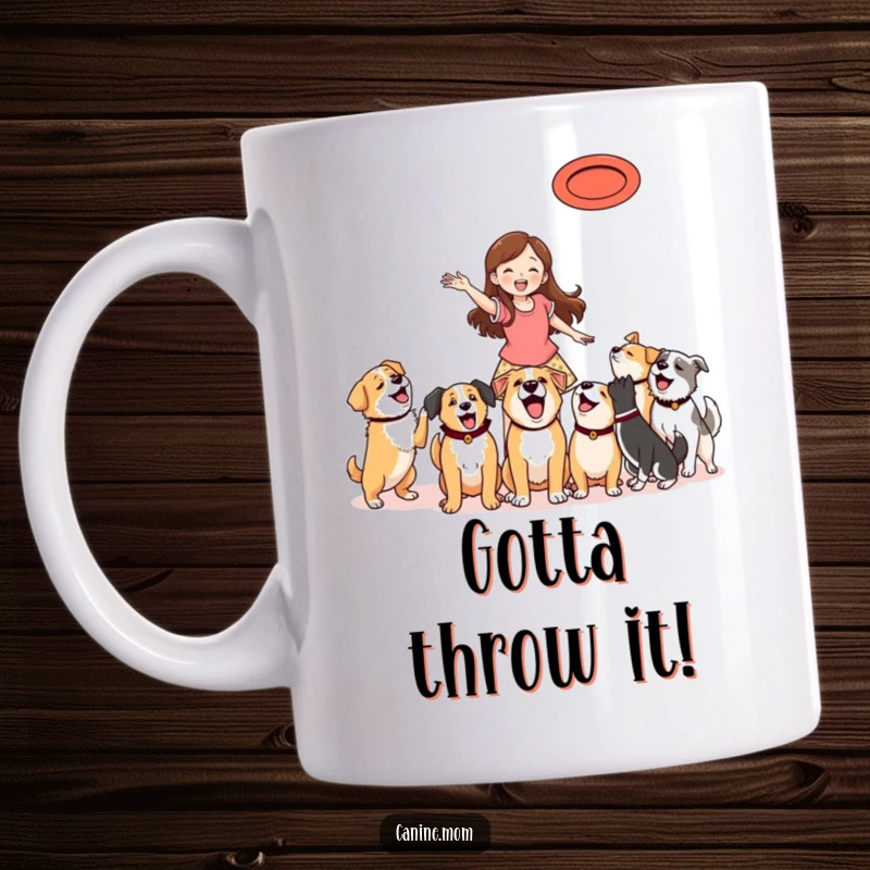 Funny Mug: Woman happily tossing a frisbee for a group of excited, leaping dogs in a park setting.